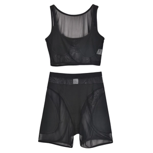 Flat lay of black sheer mesh two-piece set featuring cropped tank top and high-waisted shorts