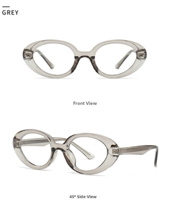 Detail view showing front and side profile of trendy grey oval cat-eye sunglasses