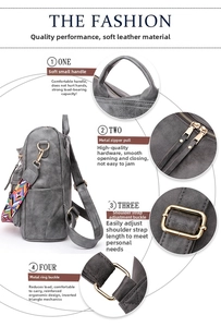 Detail view of grey PU leather backpack showing ethnic straps and durable metal hardware
