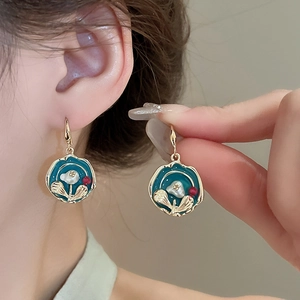 Vintage French style gold plated hook earrings with blue enamel leaf and pearl details