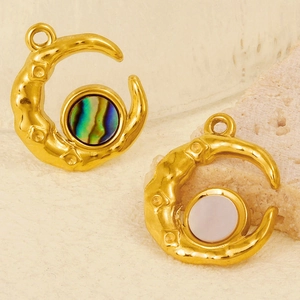 Golden 304 stainless steel moon pendants with colorful abalone and white shell inlay