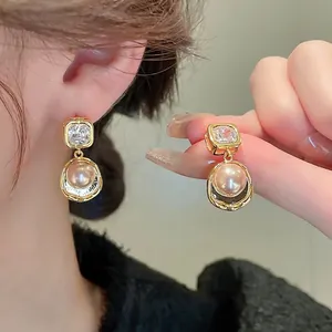 French Style Square Zircon Round Artificial Pearl Drop Earrings With Silver Earring Post Vintage Elegant Jewelry For Women