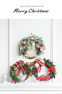 Detail of Christmas wreath set with red berries, pine cones and festive bows