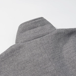 Close-up of the grey wool blend jacket collar and shoulder stitching details