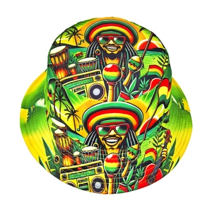 Double-sided reversible bucket hat with colorful reggae culture pattern and tropical icons