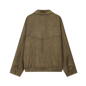 Macro view of back stitching and faux suede texture on this brown casual jacket