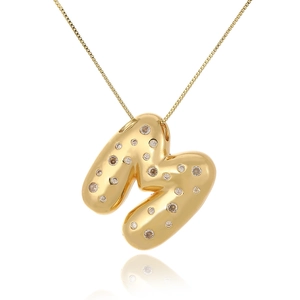 Gold plated bubble letter M pendant necklace with sparkling zircon stones for women
