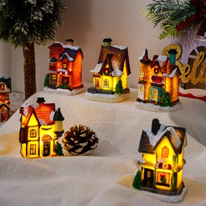 Macro view of detailed LED lighted resin Christmas village houses with faux snow texture