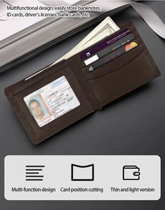 Brown leather bifold wallet detail showing card slots, ID window and banknote compartment