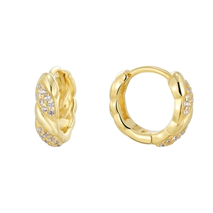 Twisted gold hoop earrings in S925 silver with white zircon pavé and 14K gold plating