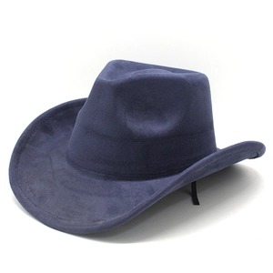Top view of a dark blue suede cowboy hat with wide brim and decorative side lacing