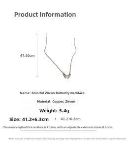 Detailed size chart for the colorful zircon butterfly necklace with copper chain measurements