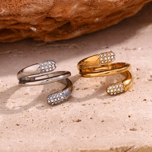 Anello Avvolgente A Spirale Acciaio Inossidabile Placcato Oro 18K Multistrato Aperto Regolabile Pavé Zircone Moda Donna