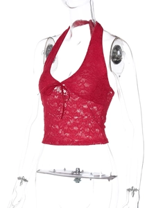 Close-up of red lace halter top featuring V-neckline and delicate floral mesh texture
