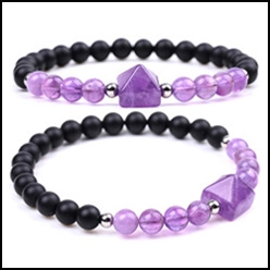 Detail of amethyst pyramid bead bracelet with matte black stones and silver spacers