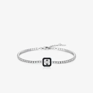 Bracciale Tennis Geometrico Quadrato Argento Sterling 925 Zircone Smalto Nero Regolabile Gioielli Eleganti Da Donna