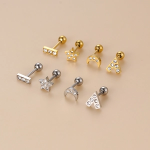 8-piece set of stainless steel star and moon cartilage earrings with cubic zirconia