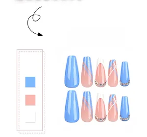 Detail of blue and pink long coffin press-on nails with glitter and rhinestones