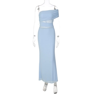 Detail of light blue one-shoulder dress with ruched bodice and sheer mesh waist panel