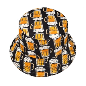 Reversible black bucket hat with vibrant yellow beer glass print for outdoor sun protection