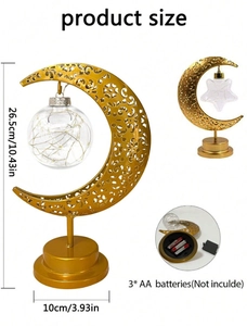 Golden moon LED lamp with rope detail and glass ball light showing size and battery specs
