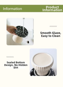 Detail showing smooth waterproof glazed ceramic pet bowl with white polka dots on black
