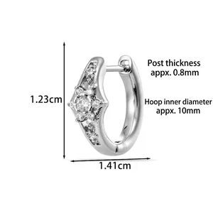 Star shaped silver hoop earring with sparkling diamonds, height 1.23cm and width 1.41cm