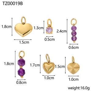 Detailed view of heart charms and purple beads with precise size measurements