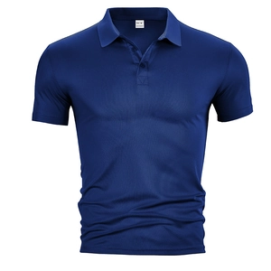 Close-up of navy blue polo shirt collar with three buttons and M size label detail