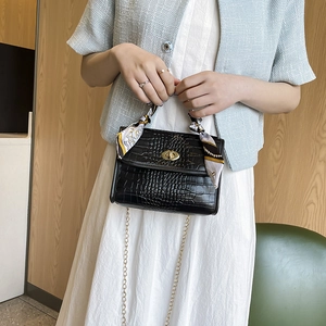 Fashion black crocodile texture handbag with silk scarf handle and golden chain strap