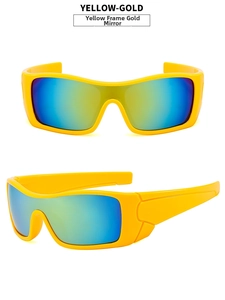 Detail of yellow wrap-around sport sunglasses with blue-green gradient mirror lens