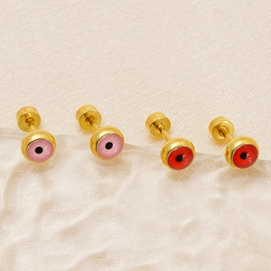 Minimalist 18K gold plated evil eye stud earrings with pink and red enamel details
