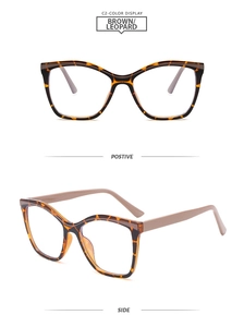 Detailed front and side views of square cat-eye TR90 frames in brown leopard pattern