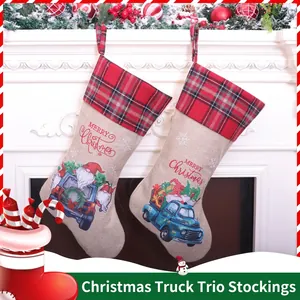 Christmas Stockings Burlap Hanging Gift Candy Bag Red Plaid Cuff Retro Truck Gnome Print Holiday Ornament Decoration