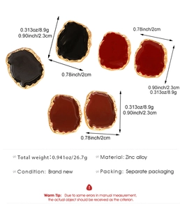Detailed size chart showing dimensions and weight of irregular red enamel earrings