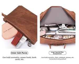 Detail view of large capacity brown vintage backpack showing storage of iPad and essentials