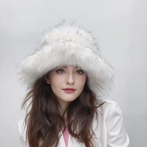 Close-up of fluffy white faux fur texture on a thick punk style winter hat for women