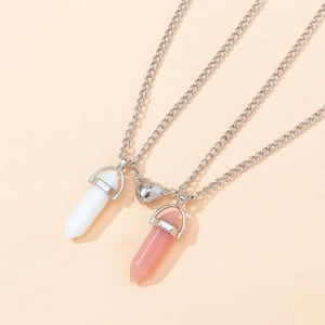 Magnetic heart couple necklace with hexagonal white and pink crystal stone pendants