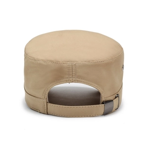Back view of khaki quick-dry military flat top hat with adjustable metal buckle strap