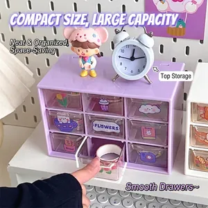 Purple 9-grid desktop storage box with clear drawers and cute stickers for stationery