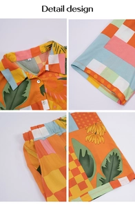 Detail shots of colorful bohemian geometric leaf pattern shirt and shorts set