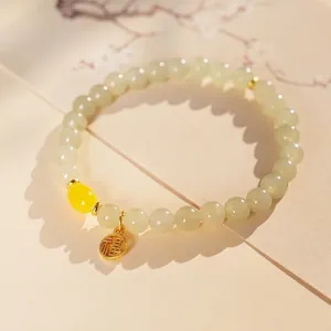 Natural Hetian Jade Beaded Bracelet With Copper Fu Pendant And Beeswax Agate Retro Chinese Style Jewelry For Women