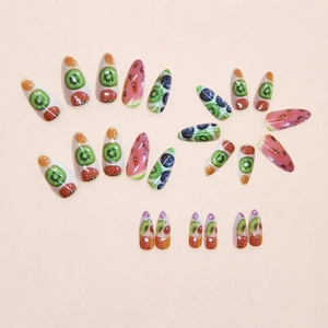 Summer fruit themed press on nails with kiwi, strawberry and watermelon almond designs