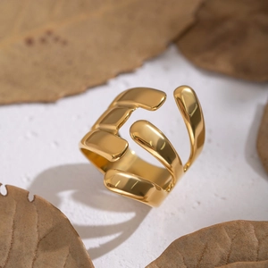 Unique irregular hollow lines gold open ring with polished finish in minimalist design