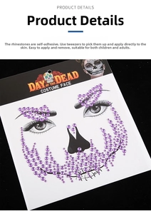 Close-up of Day of the Dead purple acrylic facial rhinestone stickers for Halloween