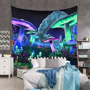 Detail of neon mushroom tapestry with glowing fantasy forest and mountains in a bedroom