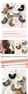 Detailed view of elastic hair bands showing 5cm diameter and 23cm stretch capacity