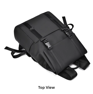 Top view of sleek black waterproof commute backpack with durable straps and buckles