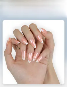 Classic white tip almond press-on nails with natural pink base for elegant manicure