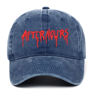 Retro washed blue cotton baseball cap featuring unique red After Hours liquid embroidery